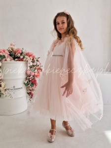 Florina- różowa sukienka tiulowa z motylkami i ze spinką w zestawie