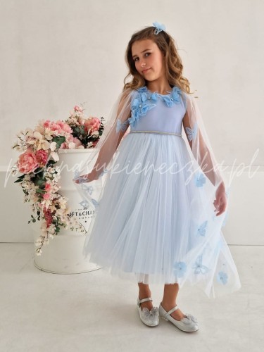 blekitna sukienka tiulowa z motylkami i ze spinka w zestawie