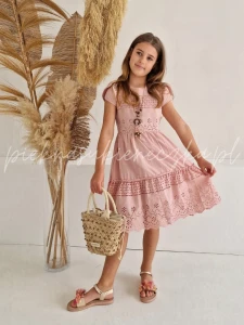Elowen- różowa sukienka bawełniana z naszyjnikiem