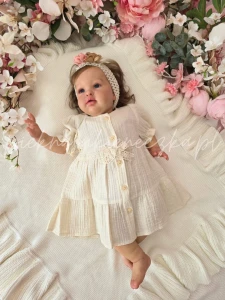 Freya- beżowa sukienka bawełniana dla dziewczynki w zestawie z opaską 