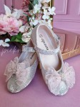Balerinki różowe z tiulową kokardą na ozdobnym obcasie 